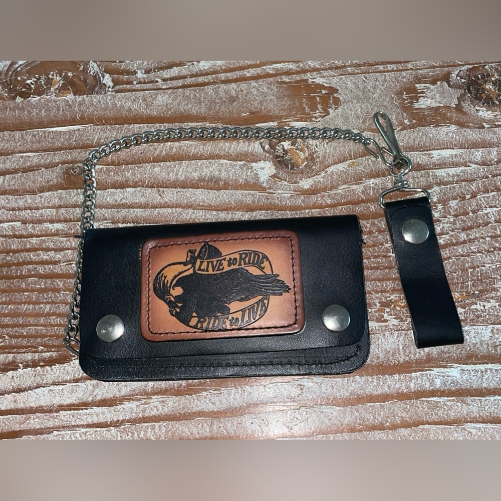 Vintage leather live to ride ride to love chain wallet bi fold Eagle